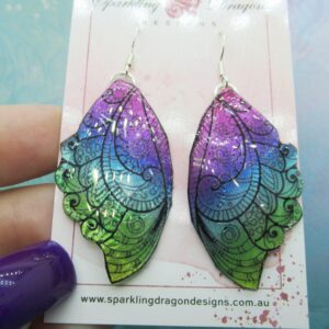 Butterfly Earrings Rainbow & Black Patterned - Fairy Jewellery, Fun Gift for her Fairy Wing Earrings - Sparkly - Resin with Glitter Finish
