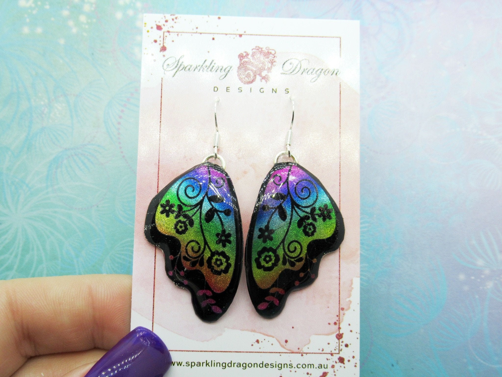 Butterfly Earrings Rainbow Colours with Flowers - Fairy Jewellery, Gift for her Fairy Wing Earrings - Sparkly - Resin with Glitter Finish - Image 2