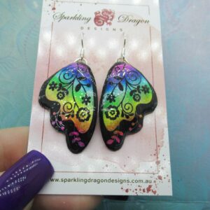 Butterfly Earrings Rainbow Colours with Flowers - Fairy Jewellery, Gift for her Fairy Wing Earrings - Sparkly - Resin with Glitter Finish
