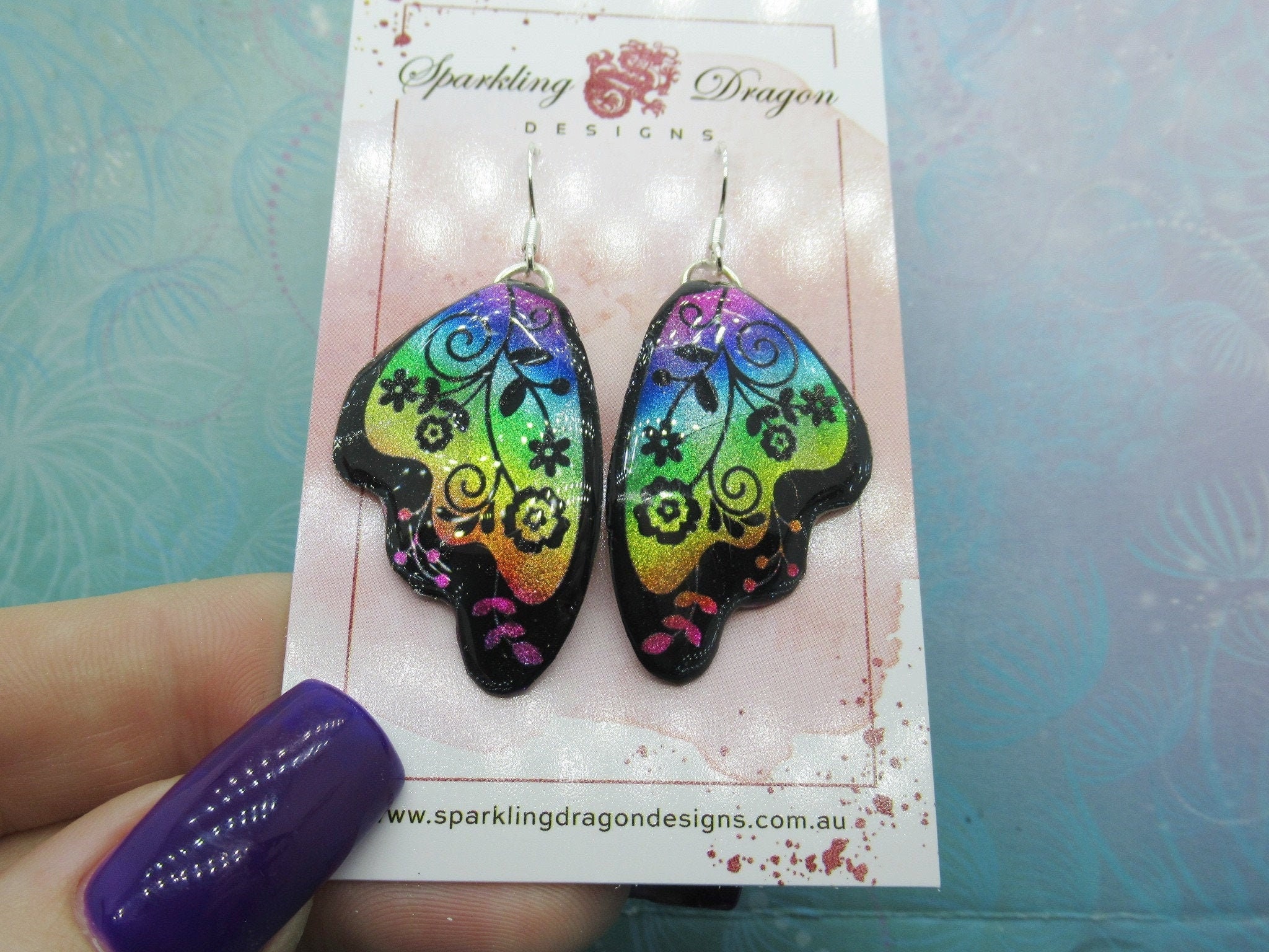 Butterfly Earrings Rainbow Colours with Flowers - Fairy Jewellery, Gift for her Fairy Wing Earrings - Sparkly - Resin with Glitter Finish
