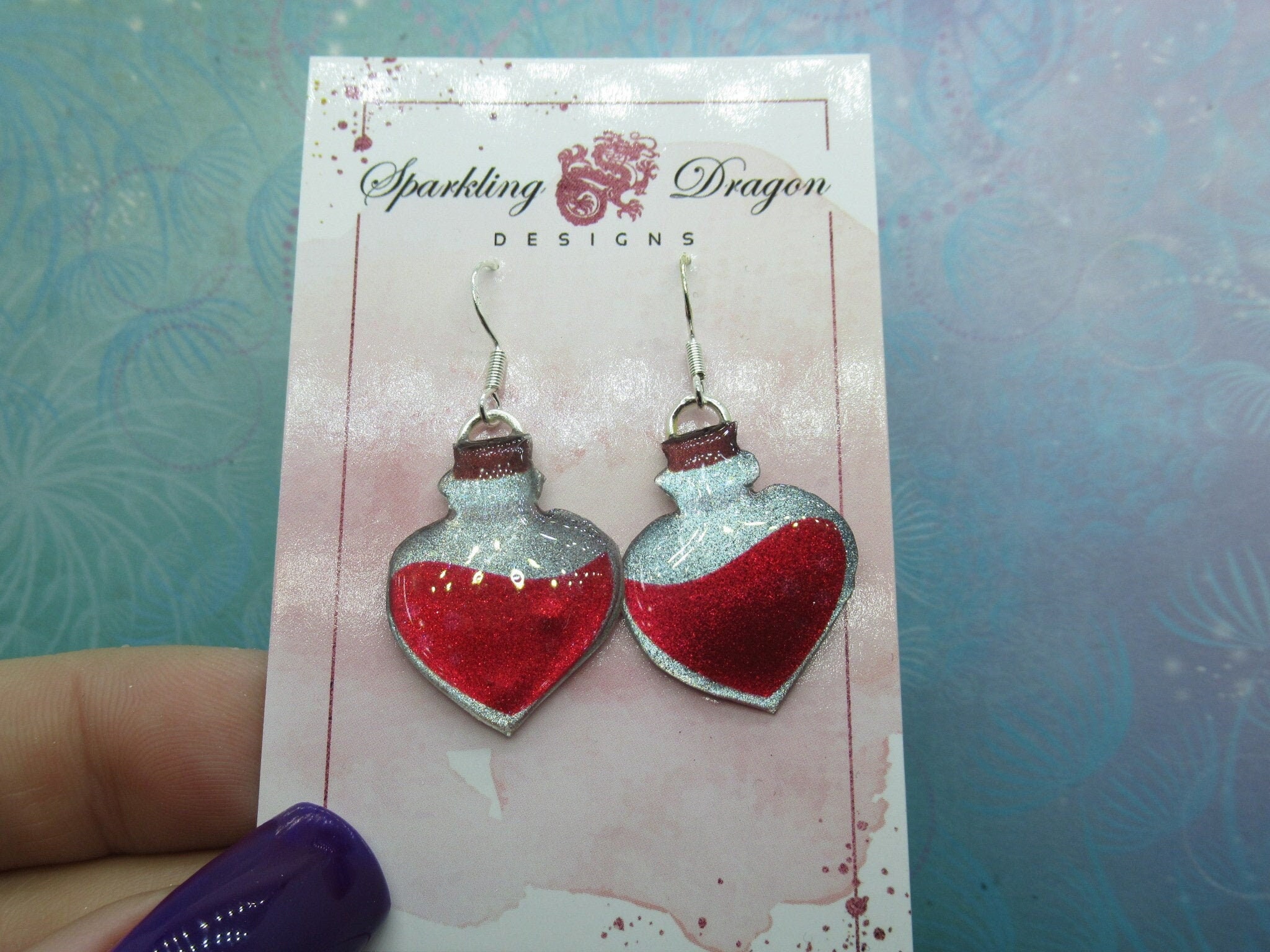 Red Magic Potion Bottle Witchy Earrings - New Age Boho gift - Resin with Glitter Finish