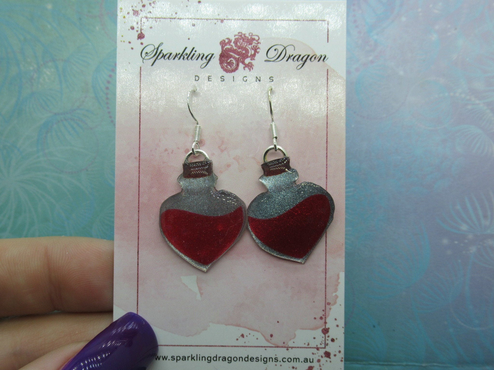 Red Magic Potion Bottle Witchy Earrings - New Age Boho gift - Resin with Glitter Finish - Image 2