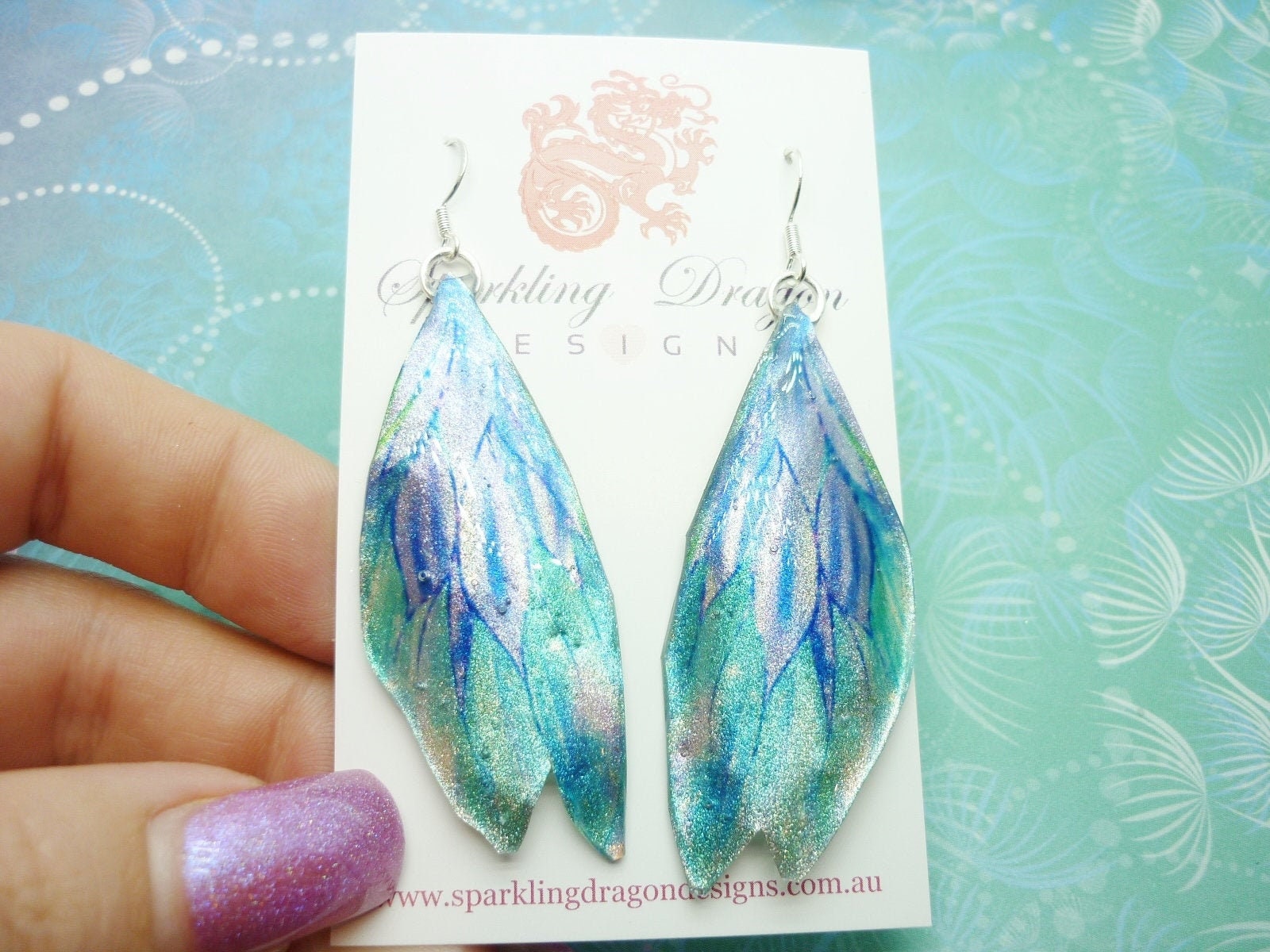Butterfly Wing Earrings Two Silvery Blues - Fairy Jewellery, Fun Gift for her Fairy Wing Earrings - Sparkly - Resin with Glitter Finish - Image 7