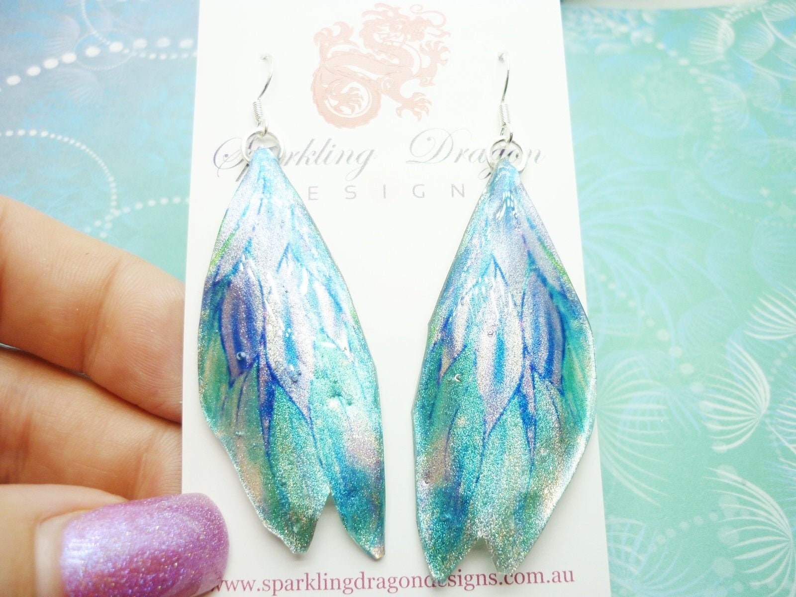 Butterfly Wing Earrings Two Silvery Blues - Fairy Jewellery, Fun Gift for her Fairy Wing Earrings - Sparkly - Resin with Glitter Finish - Image 8