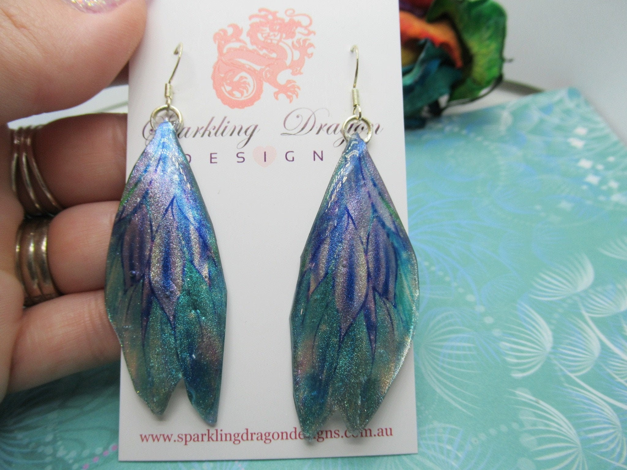Butterfly Wing Earrings Two Silvery Blues - Fairy Jewellery, Fun Gift for her Fairy Wing Earrings - Sparkly - Resin with Glitter Finish - Image 2