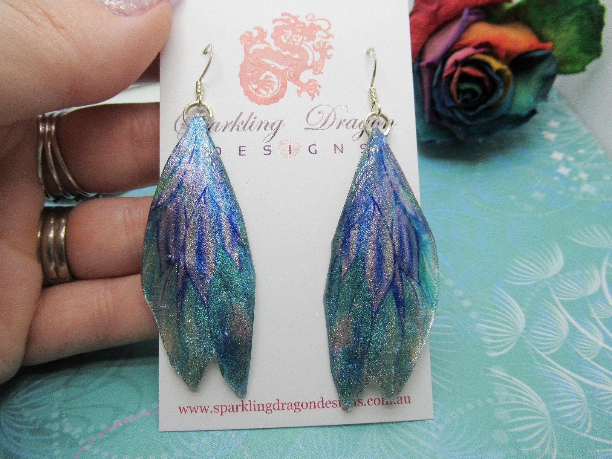 Butterfly Wing Earrings Two Silvery Blues - Fairy Jewellery, Fun Gift for her Fairy Wing Earrings - Sparkly - Resin with Glitter Finish - Image 3