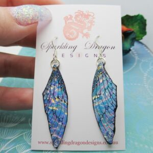 Butterfly Blue, Gold & Pink Shimmer Earrings - Fairy Jewellery, Fun Gift Statement Present Sparkly - Resin with Glitter Finish Dragonfly