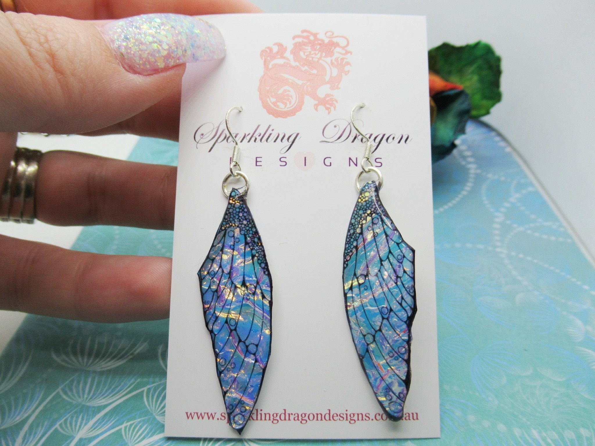 Butterfly Blue, Gold & Pink Shimmer Earrings - Fairy Jewellery, Fun Gift Statement Present Sparkly - Resin with Glitter Finish Dragonfly