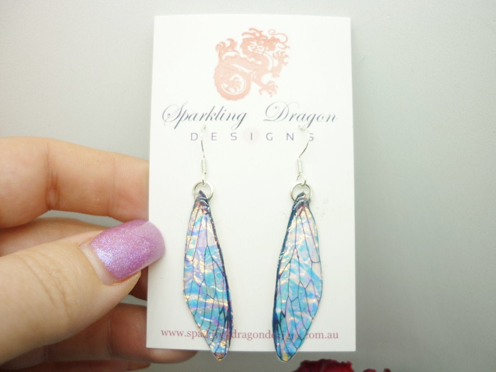 Butterfly Blue, Gold & Pink Shimmer Earrings - Fairy Jewellery, Fun Gift Statement Present Sparkly - Resin with Glitter Finish Dragonfly - Image 7