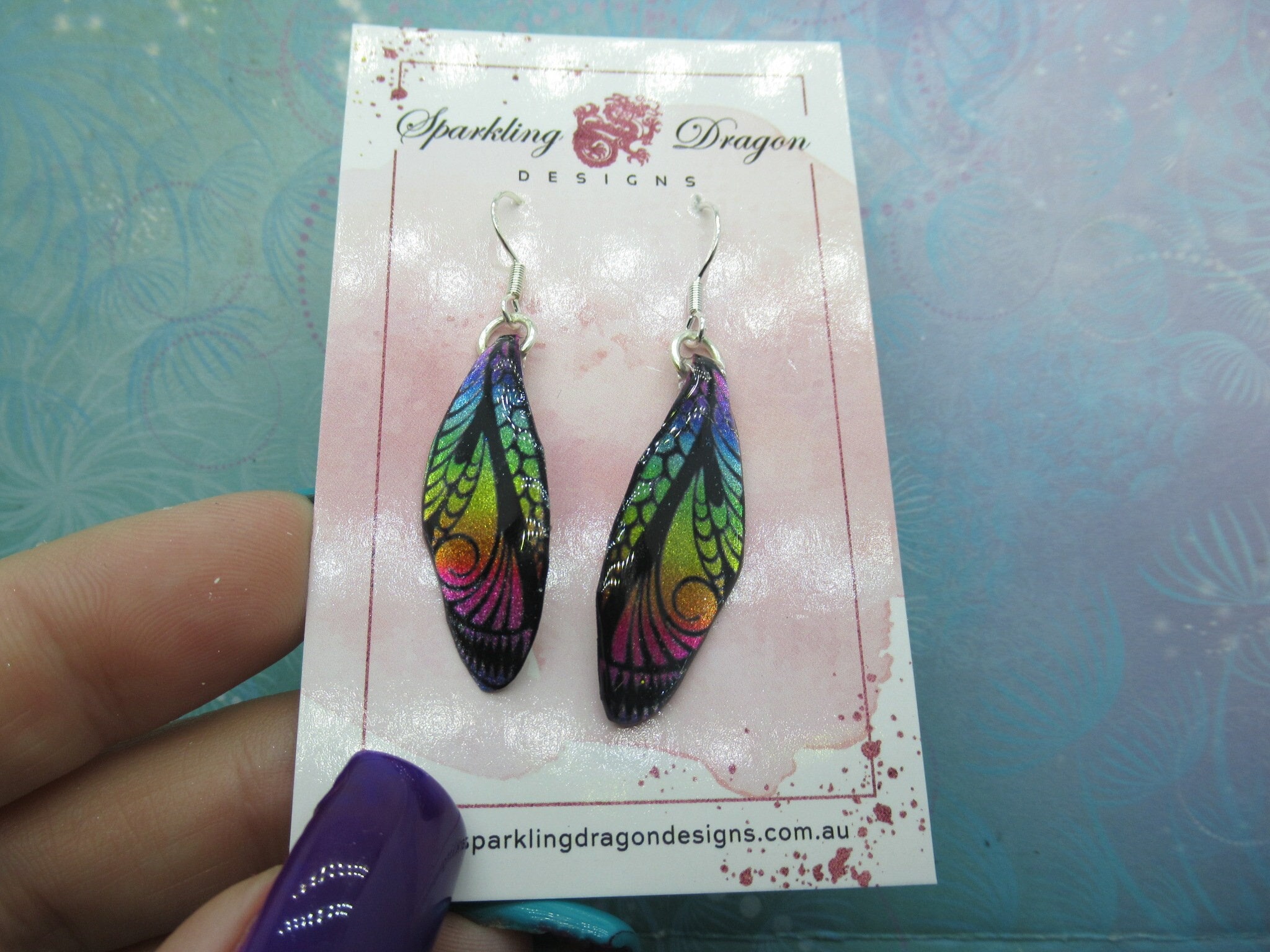 Butterfly Earrings Rainbow & Black Sparkle - Fairy Jewellery, Fun Gift for her Fairy Wing Earrings - Sparkly - Resin with Glitter Finish - Image 2