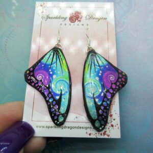 Butterfly Earrings Swirling Purple Blue Rainbow - Fairy Jewellery Fun Gift for her, Statement Present Sparkly - Resin with Glitter Finish