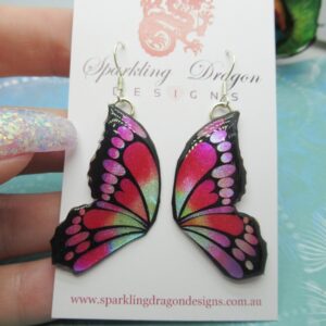 Butterfly Double Wing Earrings Red, Pink & Blue - Fairy Jewellery, Fun Gift for her Statement Present Sparkly - Resin with Glitter Finish