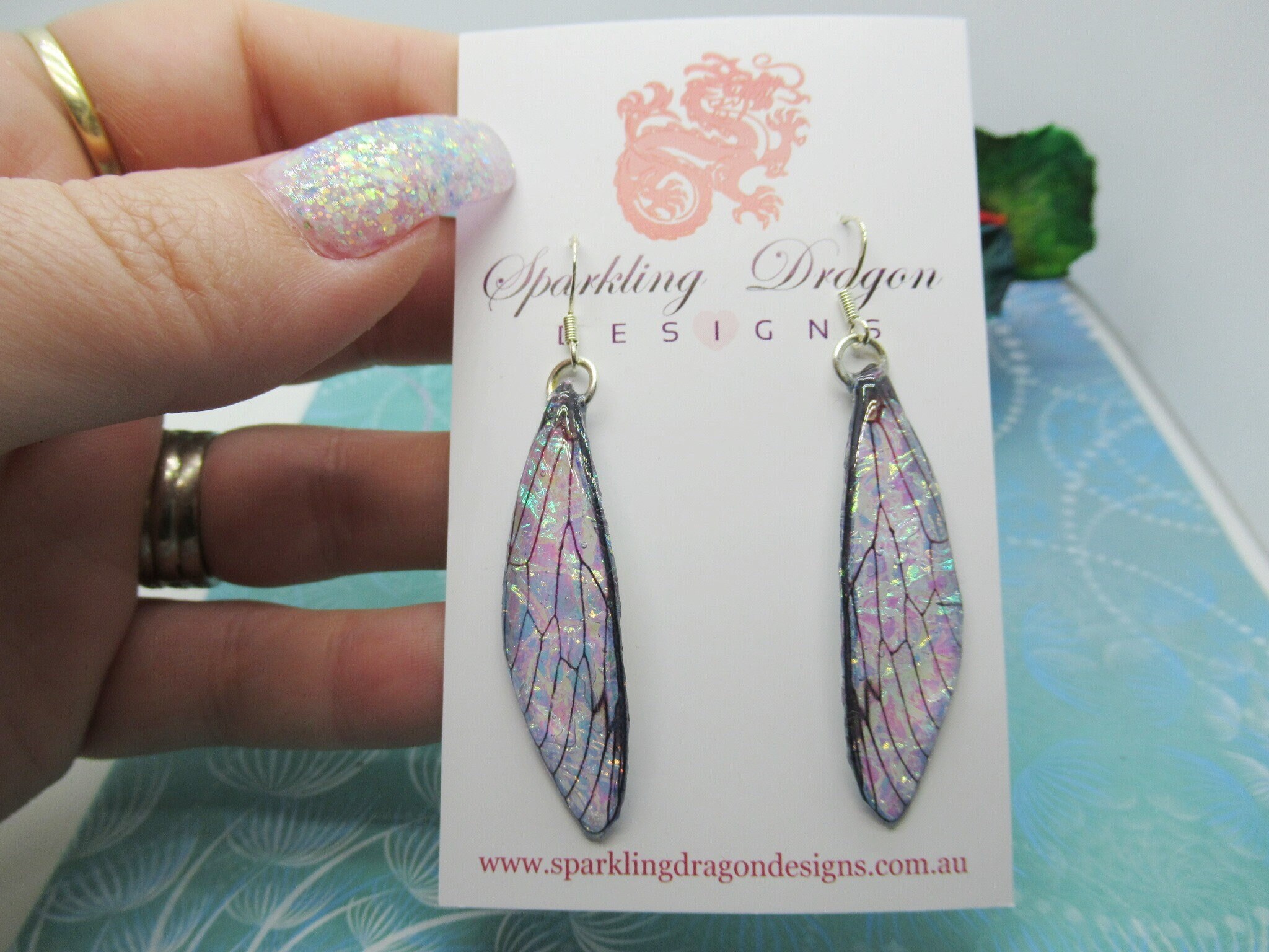 Blue Gold Green Pink Bubble Shimmer AB Colour Shift Fantasy Wing Earrings - Fairy Jewellery, Fun Gift Faire Dragonfly Cicada Butterfly Wings - Image 5