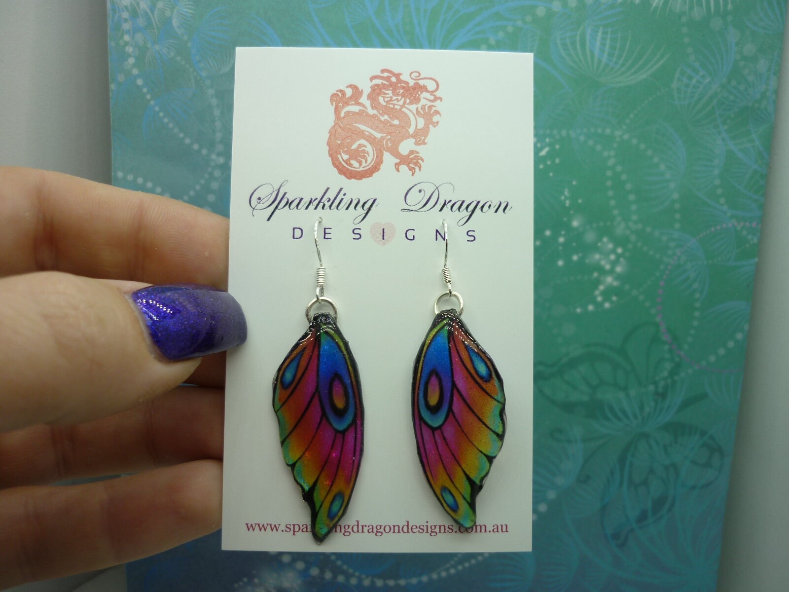 Butterfly Wing Earrings Rainbow - Fairy Jewellery, Fun Gift for her Fairy Wing Earrings - Sparkly - Resin with Glitter Finish - Image 4