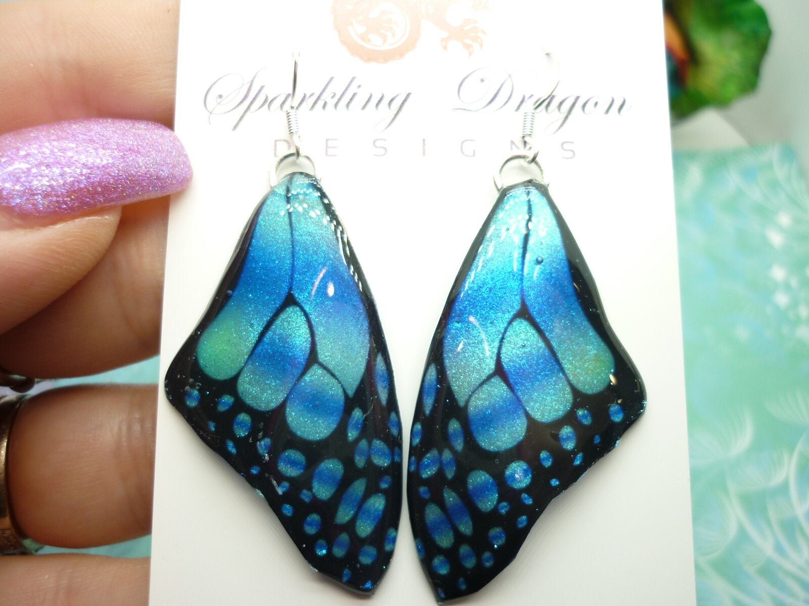 Butterfly Wing Large Size Earrings Soft Blue Stained Glass- Fairy Jewellery, Fairy Wing Earrings - Sparkly - Resin with Glitter Finish - Image 7