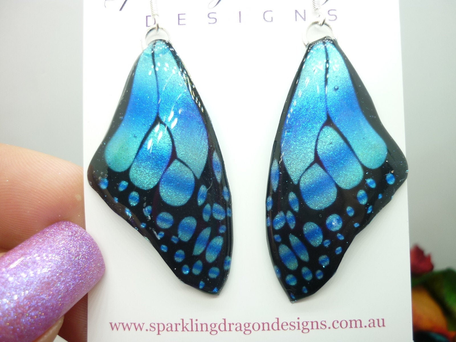 Butterfly Wing Large Size Earrings Soft Blue Stained Glass- Fairy Jewellery, Fairy Wing Earrings - Sparkly - Resin with Glitter Finish