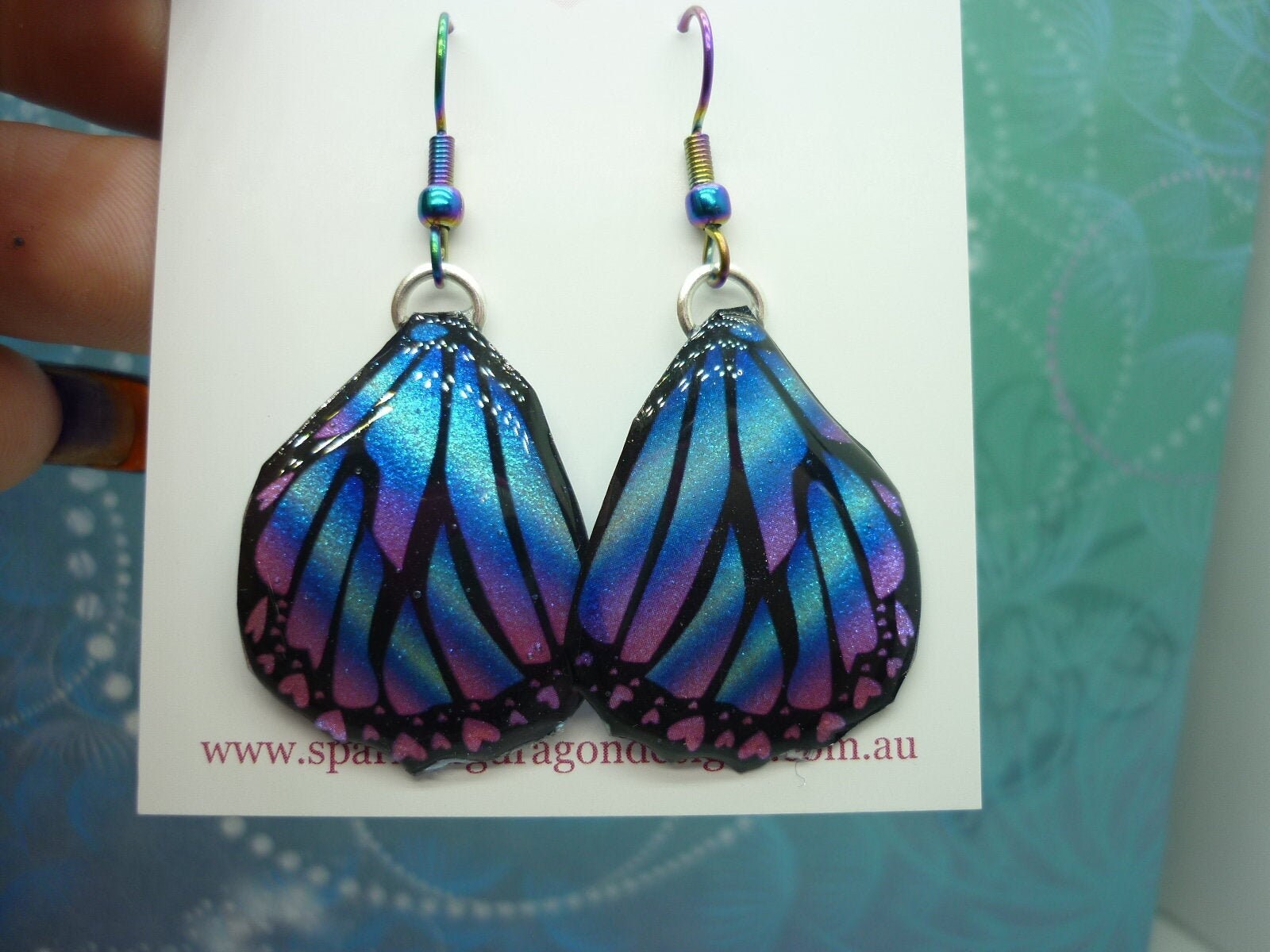 Butterfly Wing Earrings Blue & Pink - Fairy Jewellery, Fun Gift for her Fairy Wing Earrings - Sparkly - Resin with Glitter Finish
