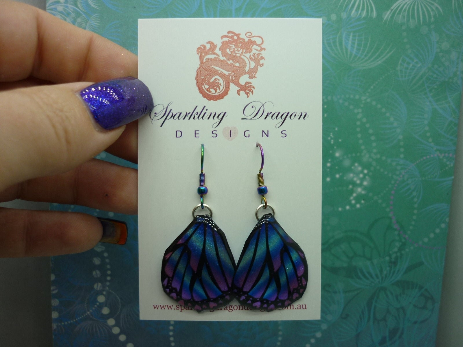 Butterfly Wing Earrings Blue & Pink - Fairy Jewellery, Fun Gift for her Fairy Wing Earrings - Sparkly - Resin with Glitter Finish - Image 2