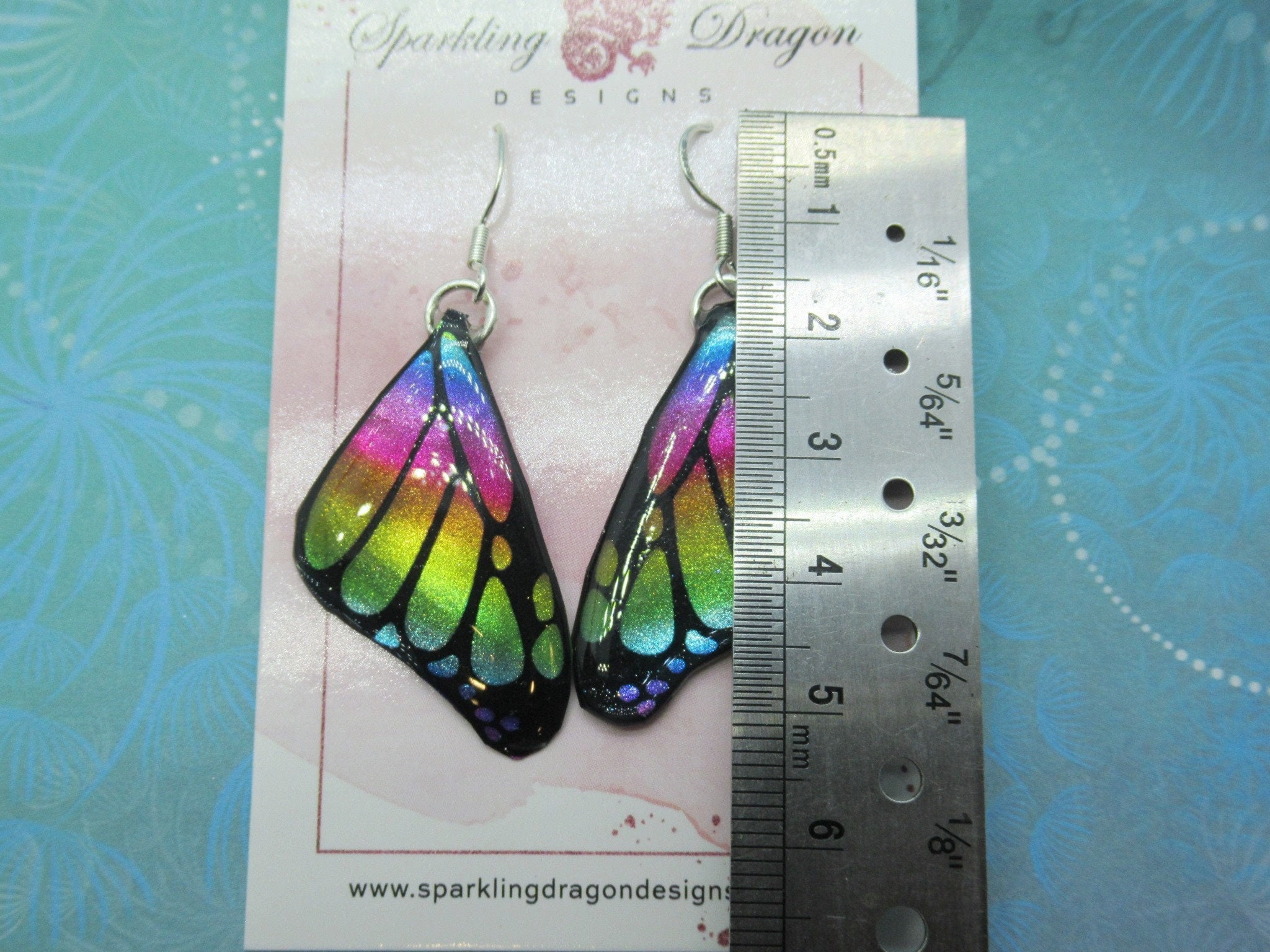 Butterfly Earrings Rainbow Colours - Fairy Jewellery, Gift for her Fairy Wing Earrings - Sparkly - Resin with Glitter Finish - Image 3