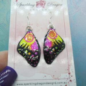 Butterfly Wing Earrings Swirling Pink & Yellow - Fairy Jewellery, Fun Gift for her Statement Present Sparkly  - Resin with Glitter Finish