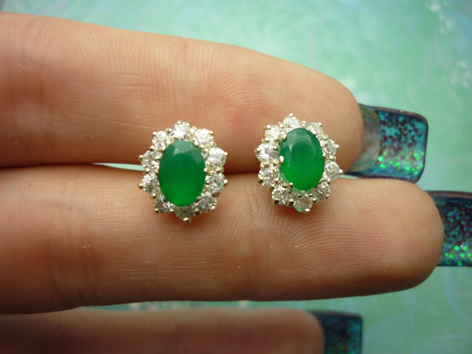 Vintage Sterling Silver Earrings with dainty Green Chalcedony gemstones and Cubic Zirconias