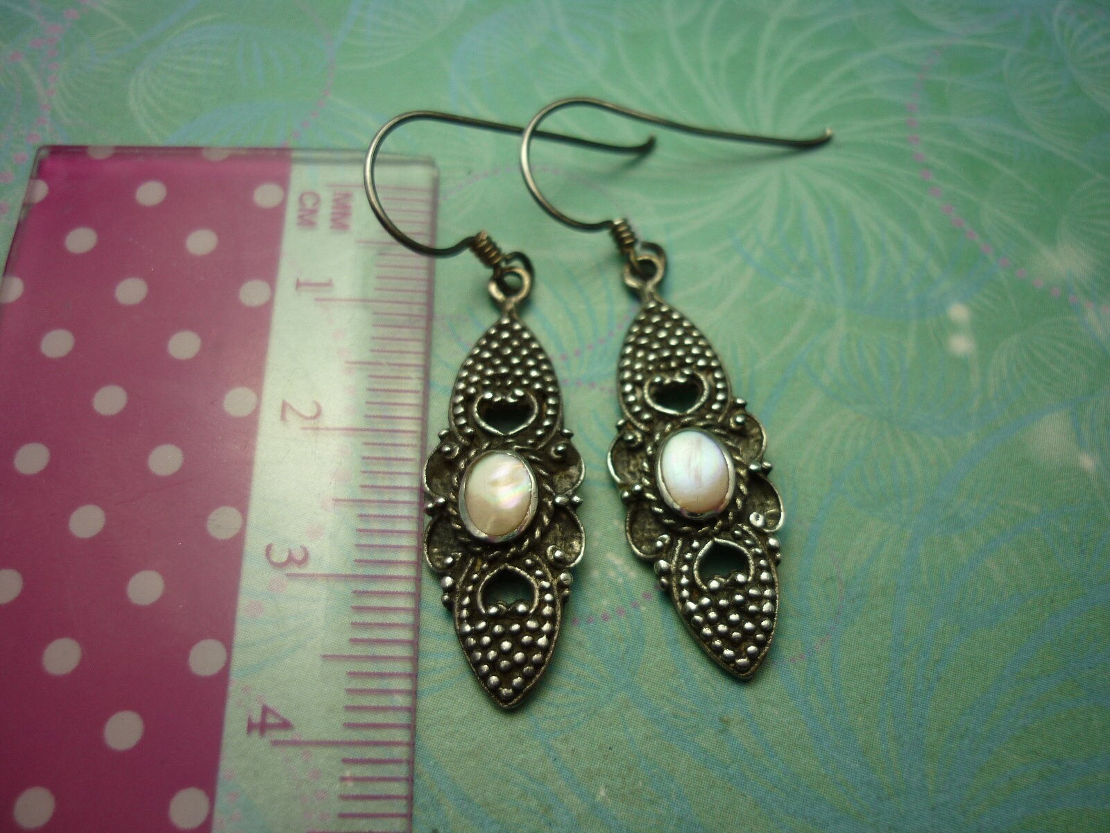 Vintage Sterling Silver Earrings - Pink Mother of Pearl, Shimmer Shell - Image 2