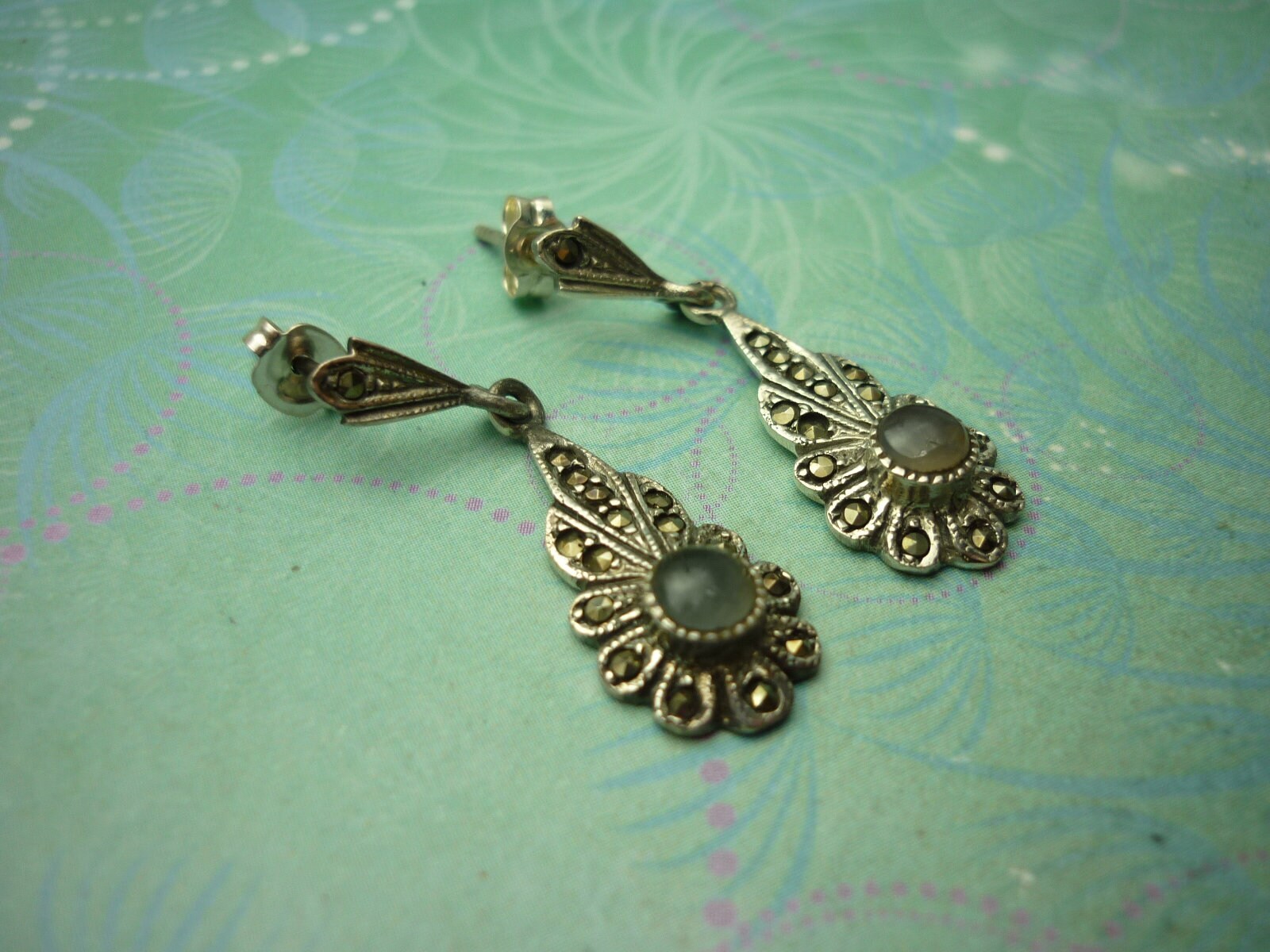 Vintage Sterling Silver Earrings - Gemstone - Image 2