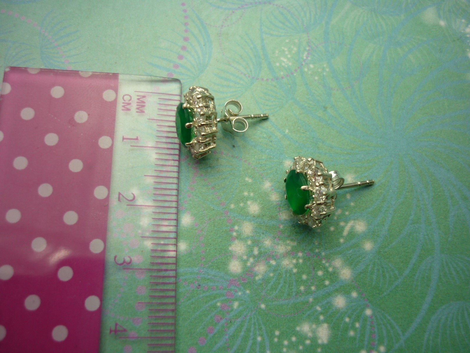 Vintage Sterling Silver Earrings with dainty Green Chalcedony gemstones and Cubic Zirconias - Image 2