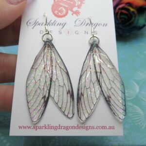 Shimmery Pink Green Butterfly Double Wing Earrings - Magical Fairy Jewellery, Fun Gift Present Resin with Glitter Handmade Enchanted Wings