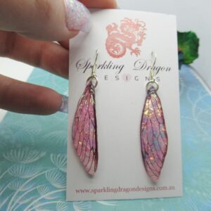 Pink Shimmer Fairy Wing Earrings - Butterfly Jewellery, Fun Gift Statement Present Sparkly Boho Rainbow Resin with Glitter Finish Dragonfly