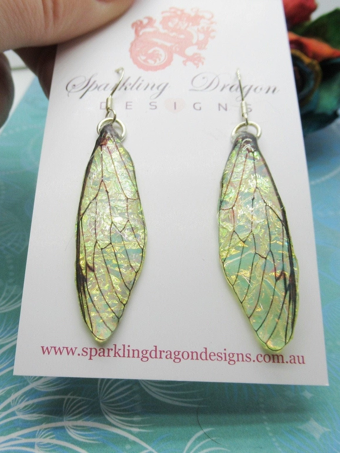 Butterfly Yellow Gold & Green Shimmer Earrings - Fairy Jewellery Fun Statement Present Boho Resin Dragonfly Cicada Wings Handmade Gift - Image 2
