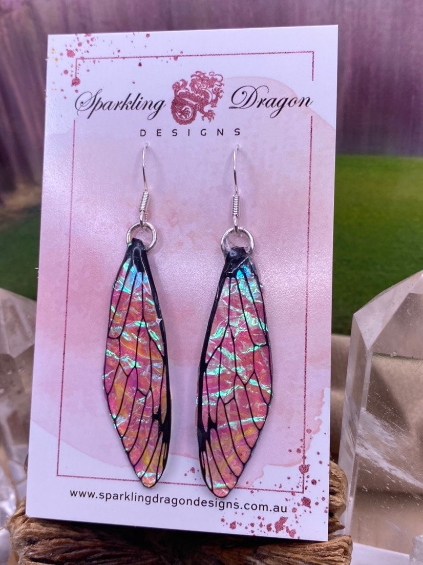 Pink Green Colour Shift Butterfly Shimmer Wing Earrings - Fairy Jewellery, Fun Gift Fairy Dragonfly Cicada