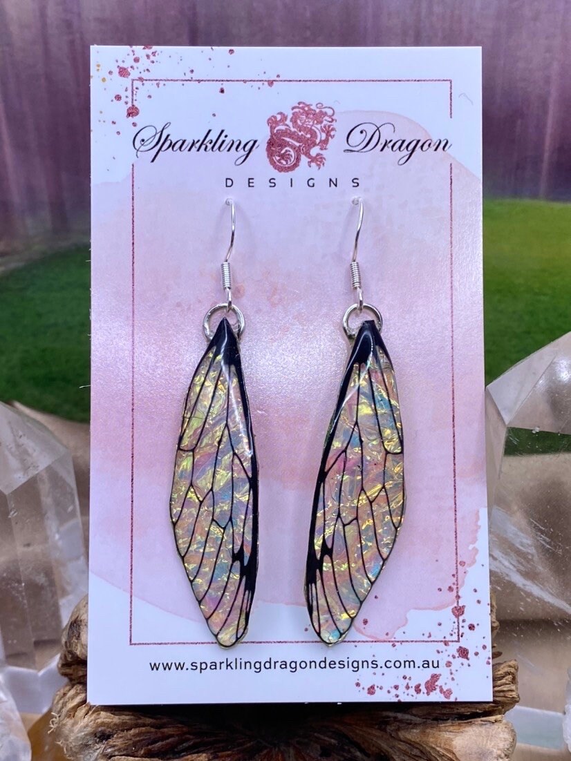 Butterfly Yellow Gold & Green Shimmer Earrings - Fairy Jewellery Fun Statement Present Boho Resin Dragonfly Cicada Wings Handmade Gift