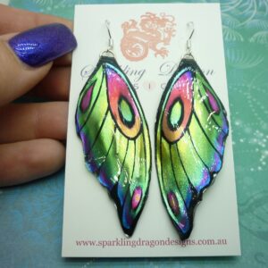 Butterfly Wing Earrings Green Yellow - Fairy Jewellery, Fun Gift for her Fairy Wing Earrings - Sparkly - Rainbow Resin with Glitter Finish