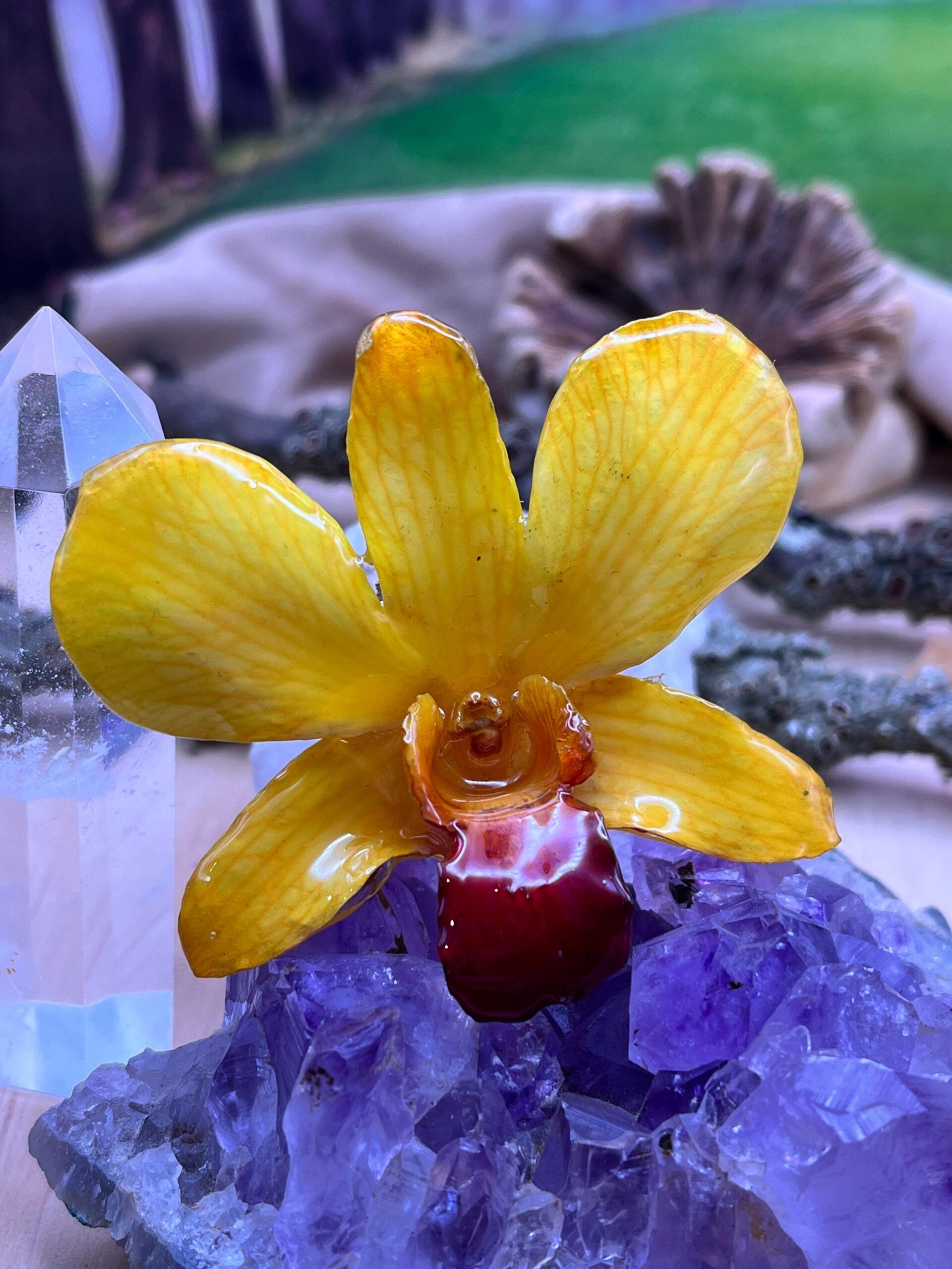 Real Orchid Flower Necklace - Bright Yellow. This is a REAL Orchid flower which has been preserved in resin making a unique necklace - Image 2