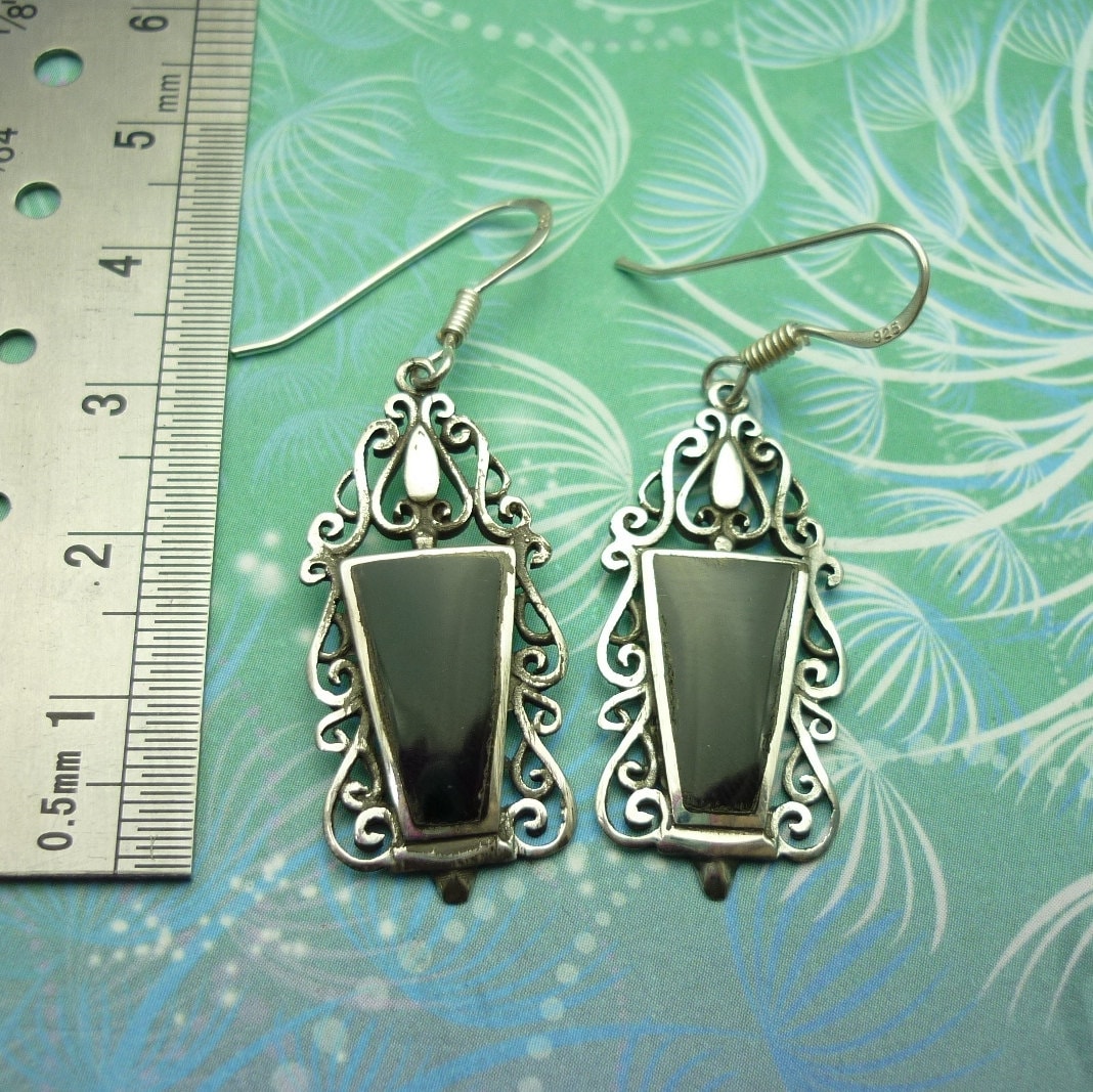 Sterling Silver Earrings with Black Onyx - Vintage Style, Hallmarked, Lightweight, Perfect Gift for Her - Image 2