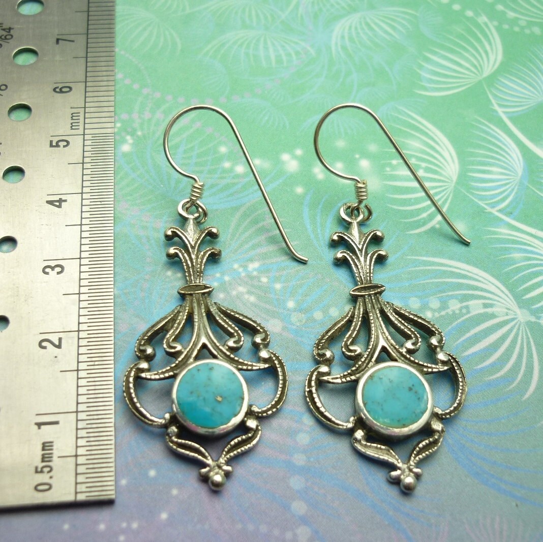 Elegant Turquoise Blue Vintage Earrings - Sterling Silver - Long Sheppard Hook Dangle - Image 2