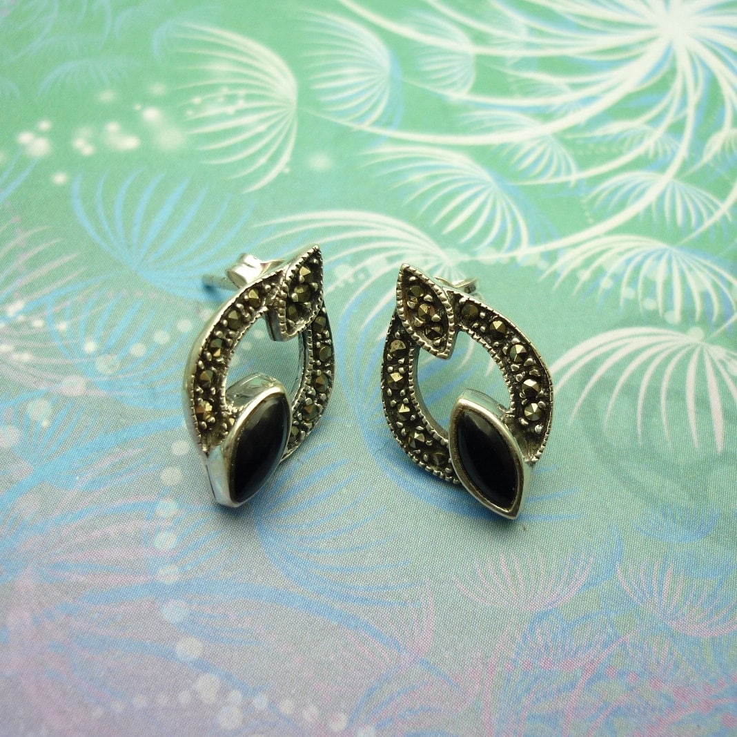 Vintage Sterling Silver Earrings - Black Onyx - Style 4