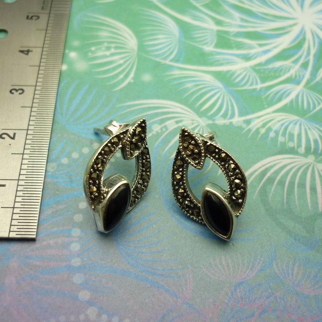 Vintage Sterling Silver Earrings - Black Onyx - Style 4 - Image 2