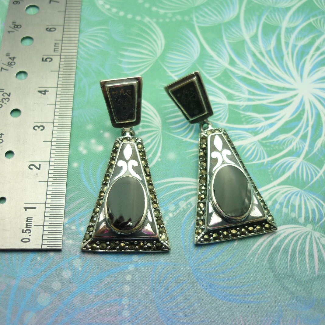 Vintage Sterling Silver Earrings - Black Onyx - Style 15 - Image 2