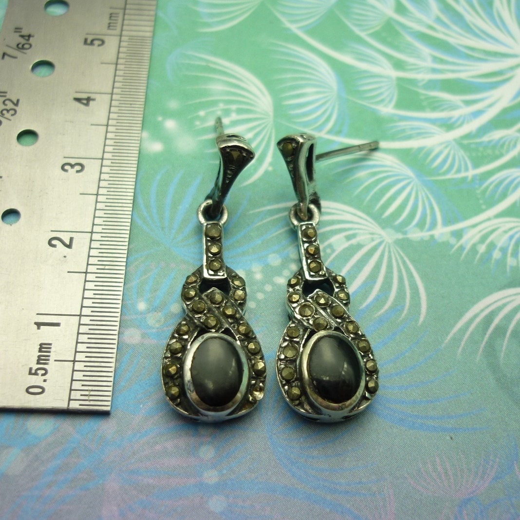 Vintage Sterling Silver Earrings - Black Onyx - Style 19 - Image 2