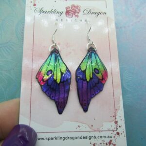 Rainbow & Purple Butterfly Wing Earrings: Enchanting fairy jewelry, a fun gift with sparkling wings in glittering resin. FairyFashion.