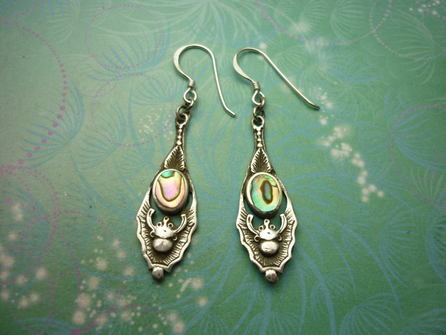 Vintage Sterling Silver Earrings - Abalone Paua Shell - 925 Hallmarked - Bats, Vampire, Gothic