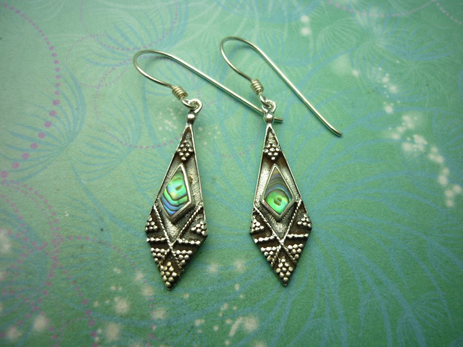 Sterling Silver Earrings, Vintage Paua Shell Jewelry, Hallmarked 925, Aztec Style, Unworn Gift for Her, Unique Boho Earrings