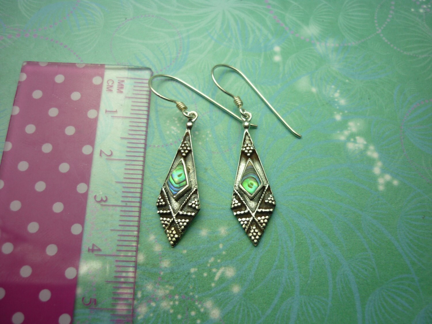 Sterling Silver Earrings, Vintage Paua Shell Jewelry, Hallmarked 925, Aztec Style, Unworn Gift for Her, Unique Boho Earrings - Image 2