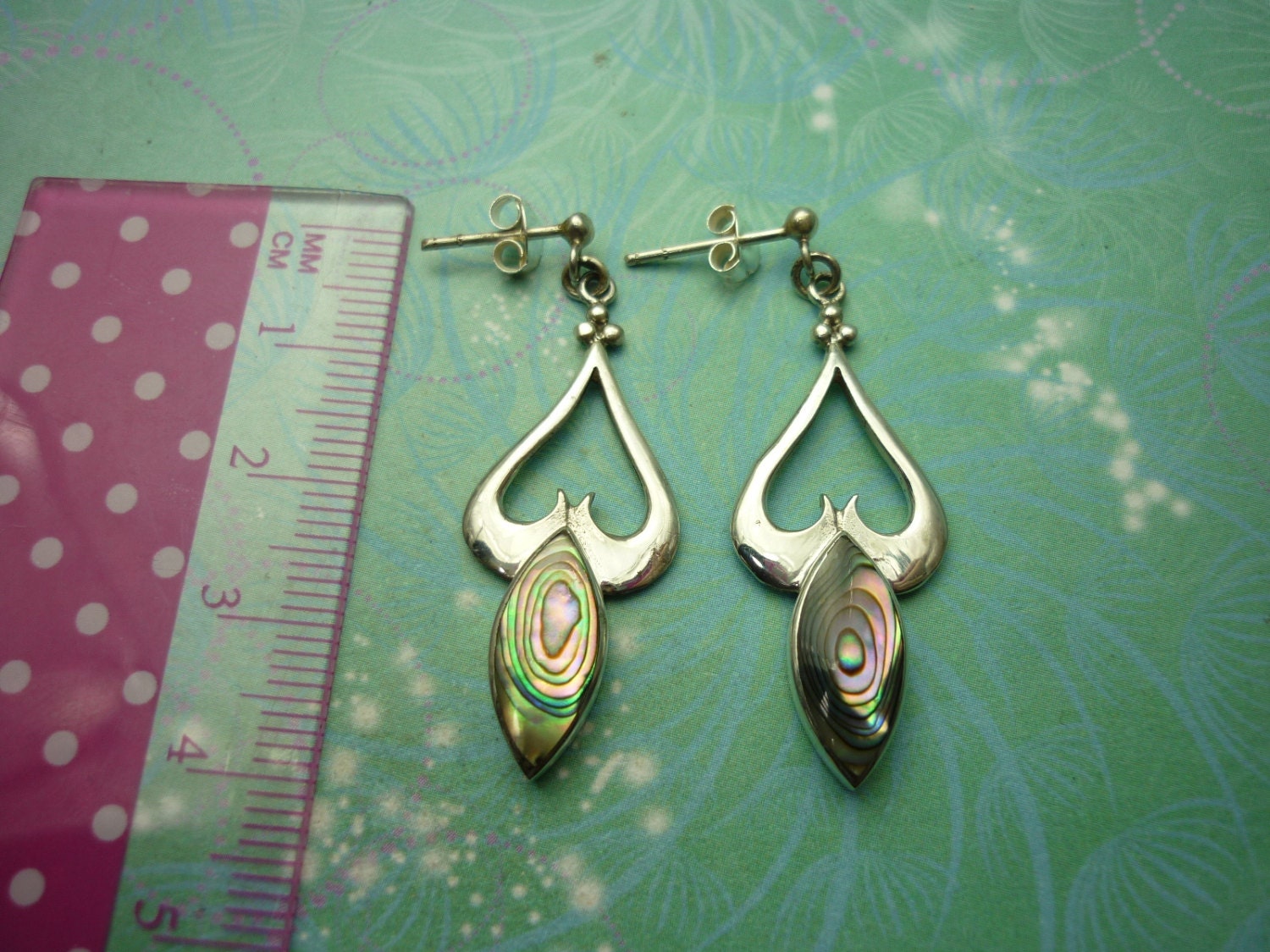Vintage Sterling Silver Earrings - Abalone Paua Shell - 925 Hallmarked - Scroll - Image 2