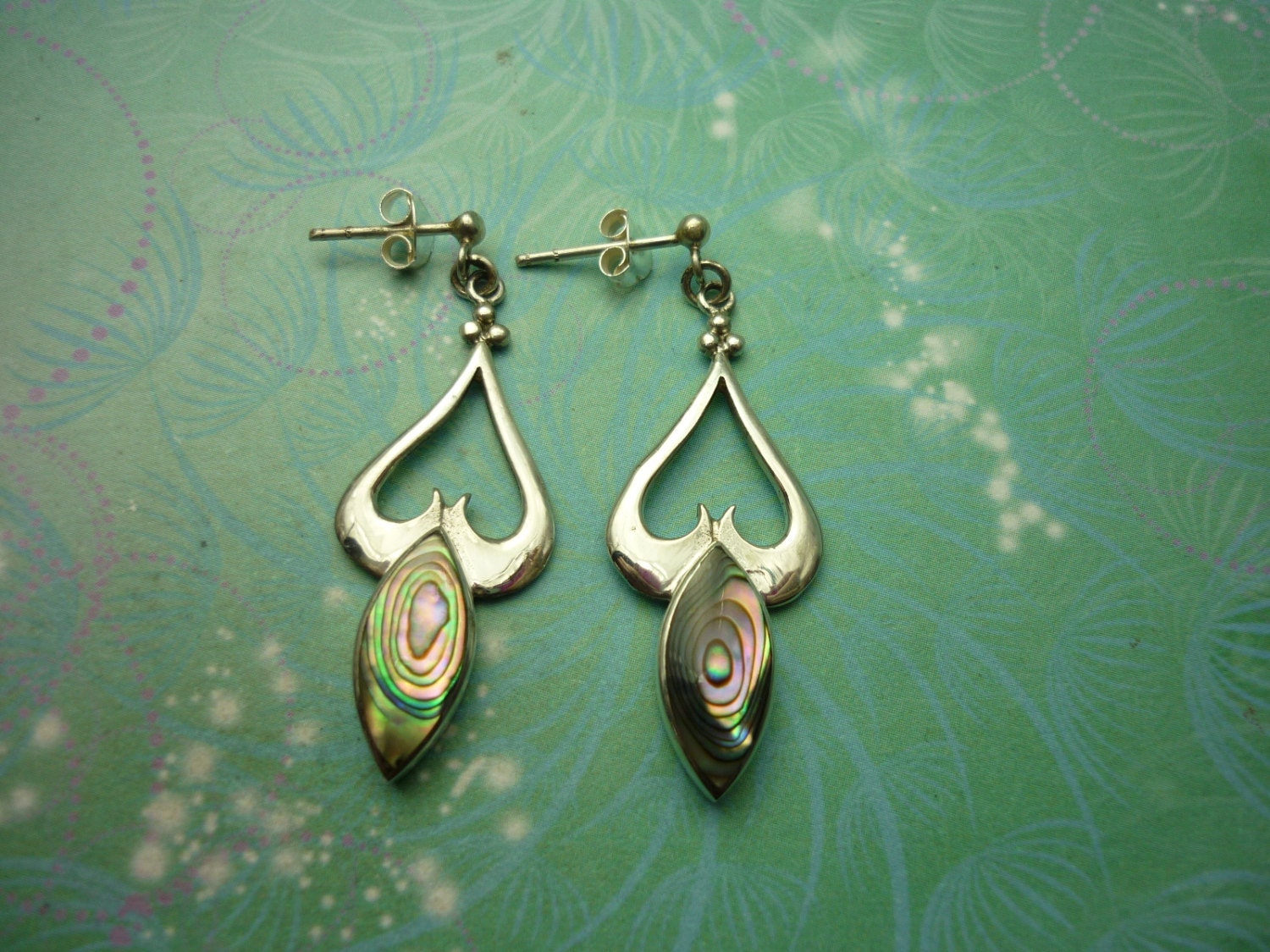 Vintage Sterling Silver Earrings - Abalone Paua Shell - 925 Hallmarked - Scroll