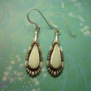 Sterling Silver Earrings, Vintage Hallmarked 925 Shell White Stone Jewelry, Unworn Gift for Her, Wedding, Boho Style, Unique