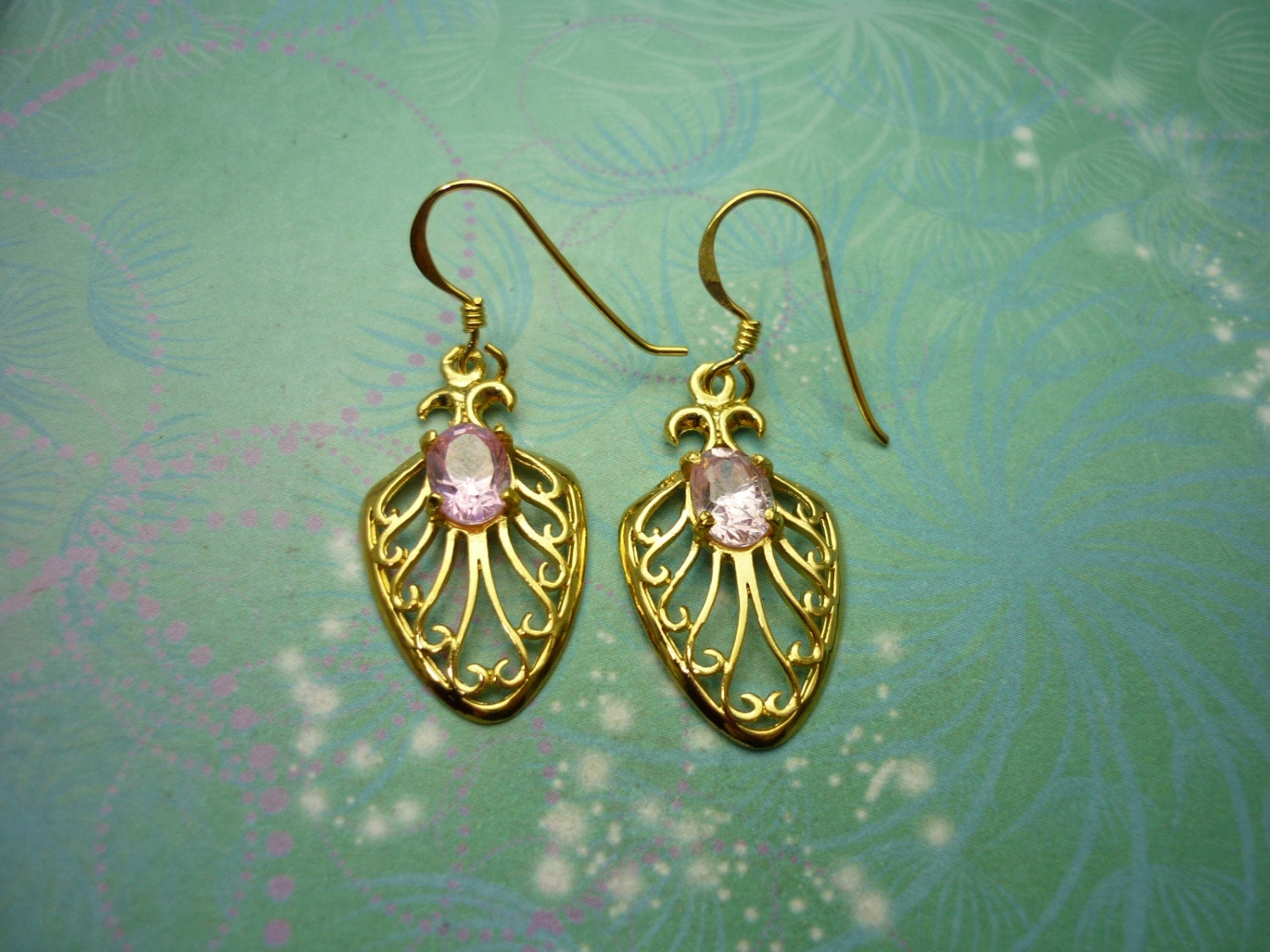 Pretty Vintage Sterling Silver Earrings - Pink Stone - Gold Plated
