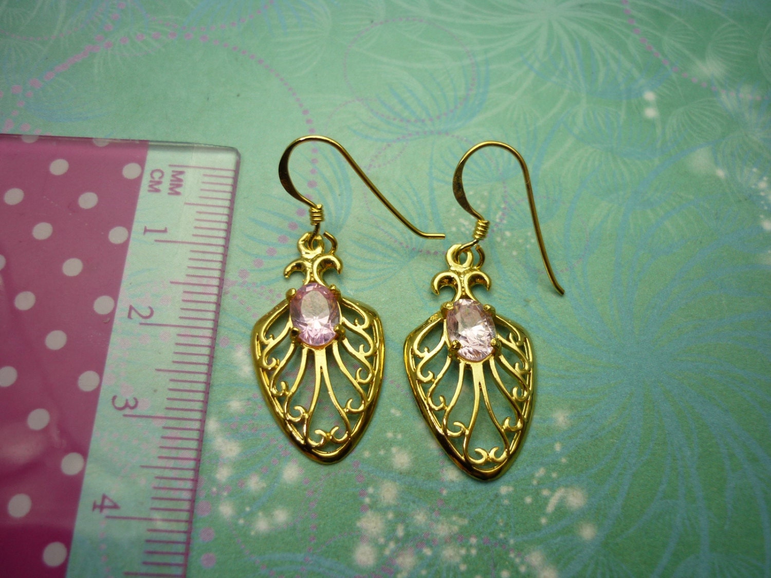 Pretty Vintage Sterling Silver Earrings - Pink Stone - Gold Plated - Image 2